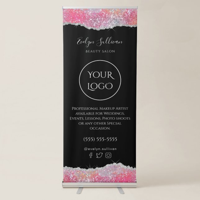 faux pink glitter sequin retractable banner (Front)