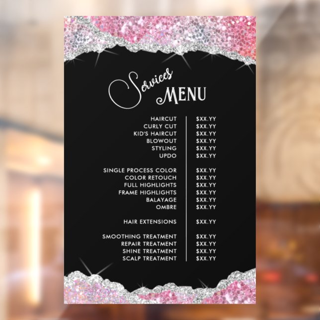 Faux Pink Glitter Sequin Services Menu Window Cling (Sheet 2)
