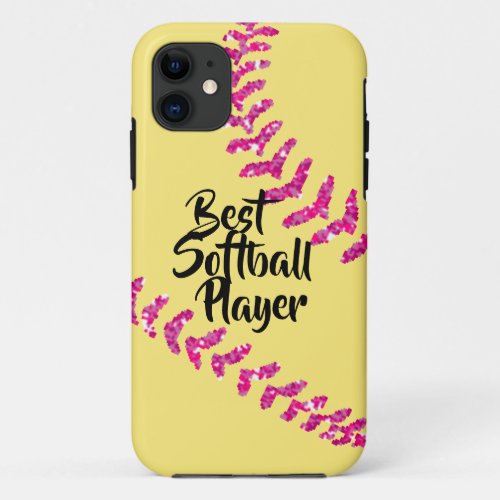 Faux Pink Glitter Softball Stitches iPhone 11 Case