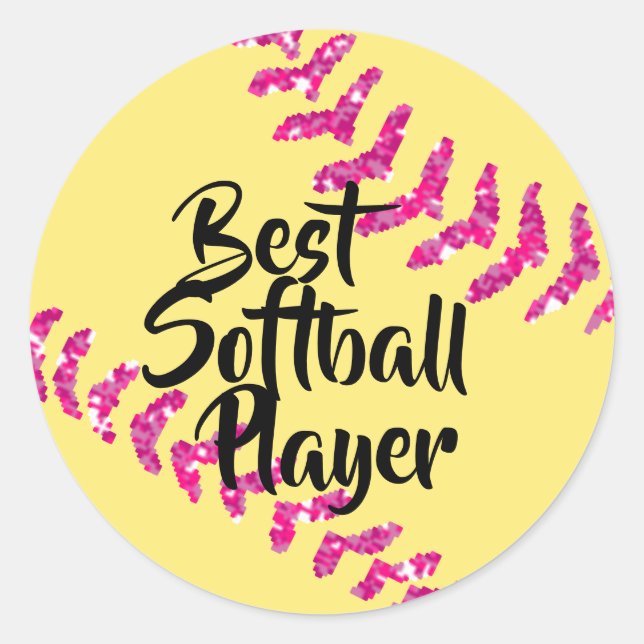 Faux Pink Glitter Softball Stitches Classic Round Sticker (Front)