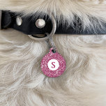 Faux Pink Glitter Texture Look And Custom Monogram Pet ID Tag<br><div class="desc">Destei's digitally created pink glitter texture pattern design together with a round white circle with a personalizable monogram letter. On the other side there are personalizable text areas for a name and for a phone number. PLEASE NOTICE: THERE IS NO REAL GLITTER ON THIS ITEM. THE DESIGN IS A DIGITAL...</div>