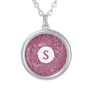 Faux Pink Glitter Texture Look And Custom Monogram Silver Plated Necklace