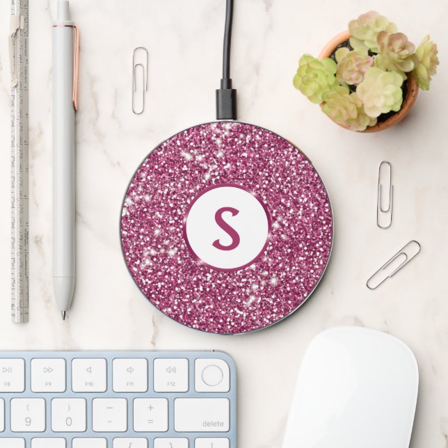 Faux Pink Glitter Texture Look-like And Monogram Wireless Charger (Desk)
