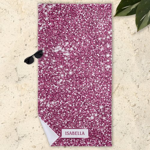 Faux Pink Glitter Texture Look With Custom Name Beach Towel