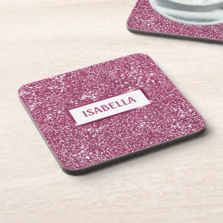 Faux Pink Glitter Texture Look With Custom Name Beverage Coaster