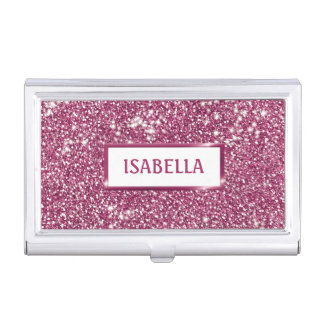 Faux Pink Glitter Texture Look With Custom Name Business Card Case