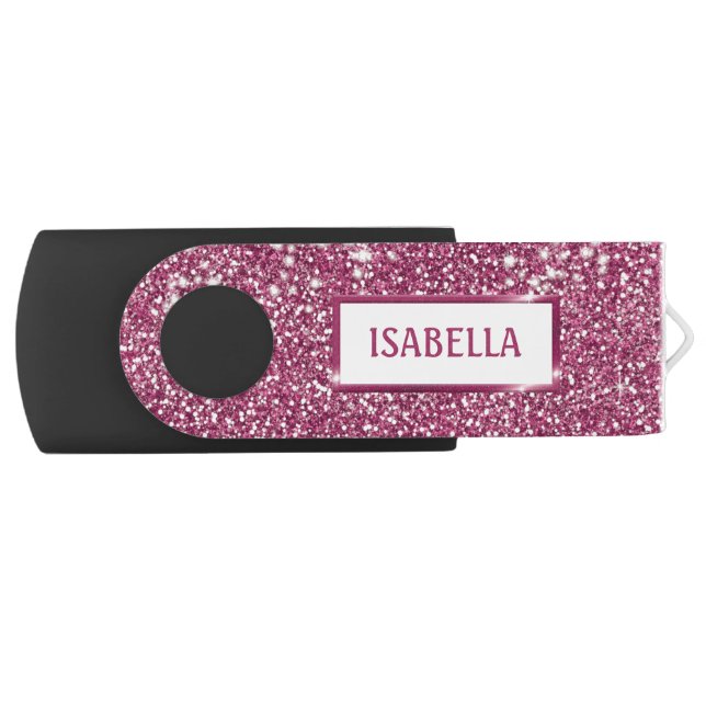 Faux Pink Glitter Texture Look With Custom Name Flash Drive (Front)