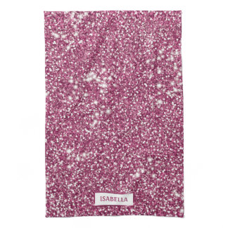 Faux Pink Glitter Texture Look With Custom Name Kitchen Towel
