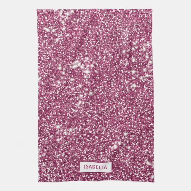 Faux Pink Glitter Texture Look With Custom Name Kitchen Towel (Vertical)