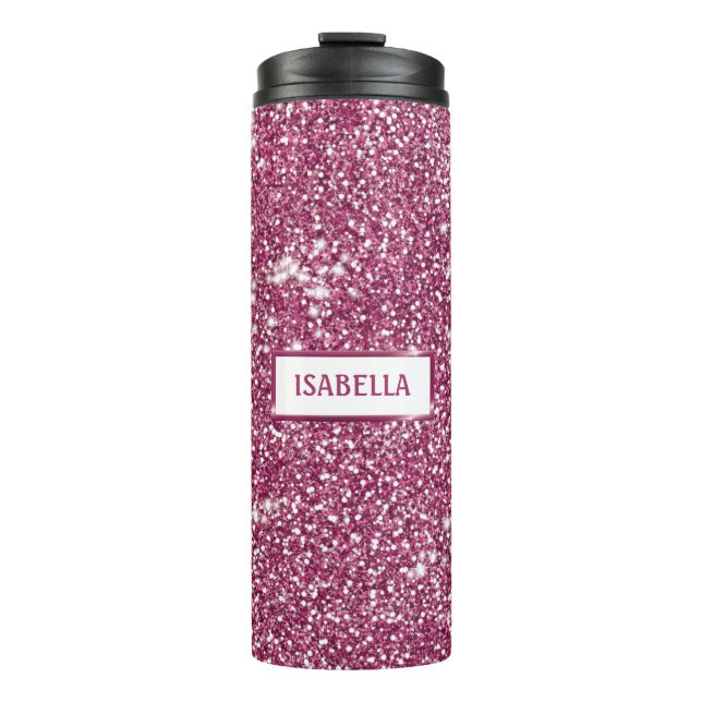 Faux Pink Glitter Texture Look With Custom Name Thermal Tumbler (Front)