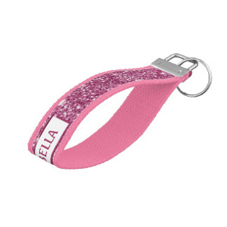 Faux Pink Glitter Texture Look With Custom Name Wrist Keychain