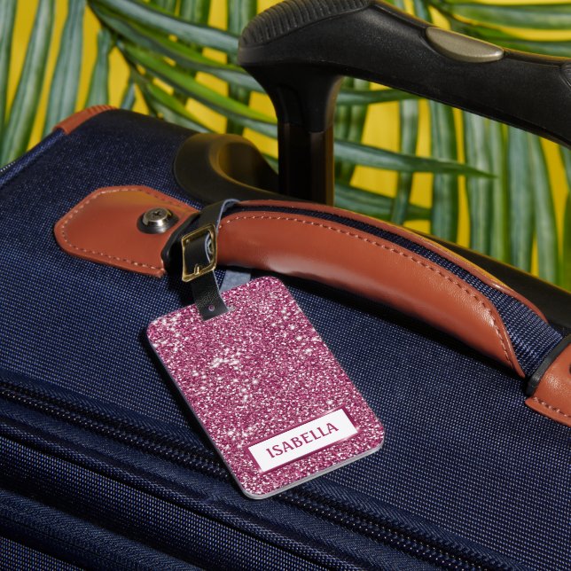 Faux Pink Glitter Texture Look With Custom Text Luggage Tag (Front Insitu 1)