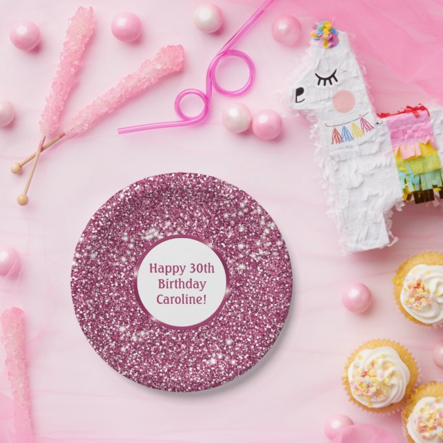 Faux Pink Glitter Texture Look With Custom Text Paper Plates (Party)
