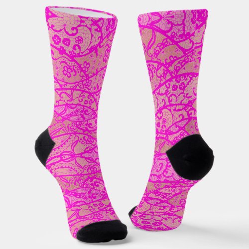 Faux Pink Lace Fishnet Flowers Romantic Socks