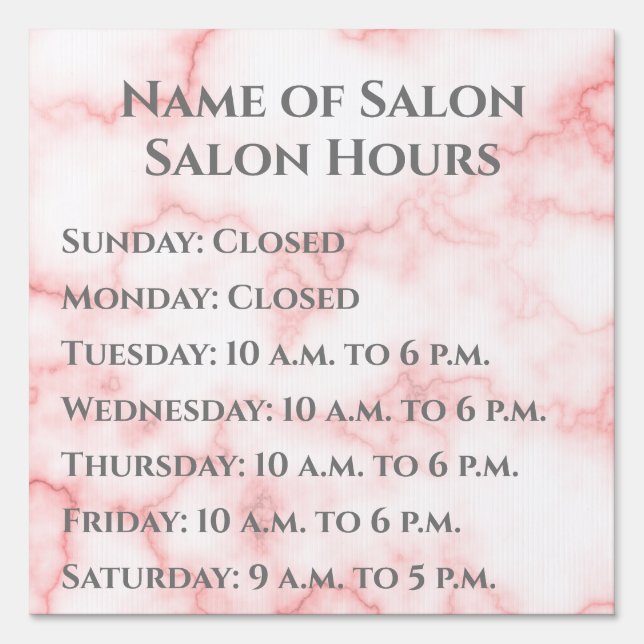 Faux Pink Marble Beauty Salon Business Hours Sign (Front)