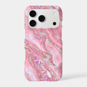 Faux Pink Marble Texture With Silver Glitter iPhone 17 Pro Case