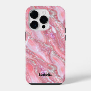 Faux Pink Marble Texture With Silver Glitter iPhone 14 Pro Case
