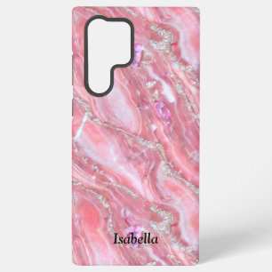 Faux Pink Marble Texture With Silver Glitter Samsung Galaxy S22 Ultra Case