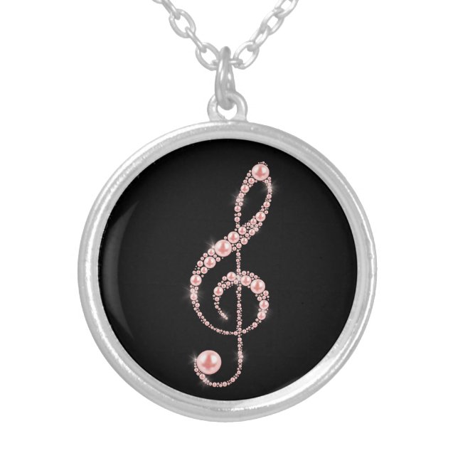 Faux Pink Pearl Treble Clef on Black Music Silver Plated Necklace (Front)