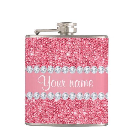 Faux Pink Sequins And Diamonds Hip Flask