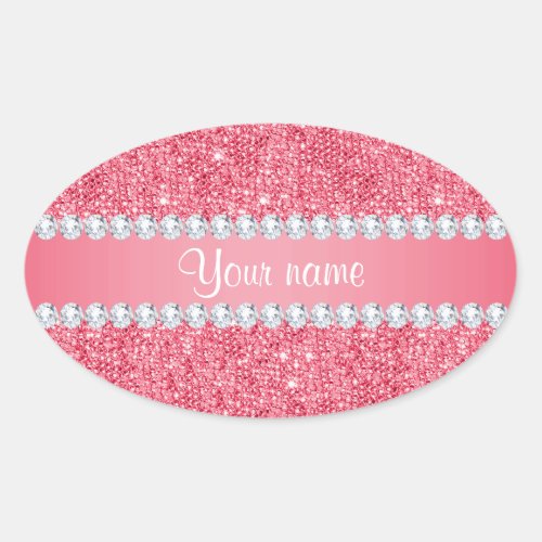 Faux Pink Sequins and Diamonds Oval Sticker