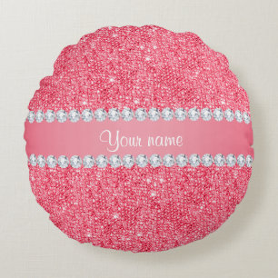 Faux Pink Sequins and Diamonds Round Pillow