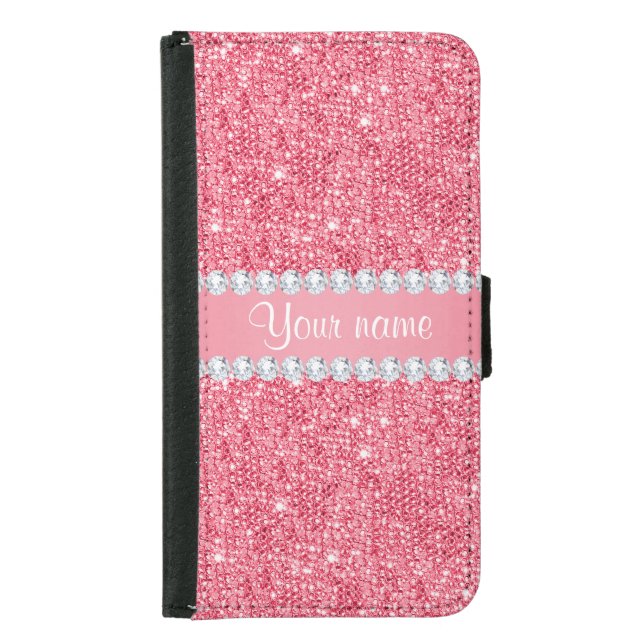 Faux Pink Sequins and Diamonds Samsung Galaxy Wallet Case (Front)