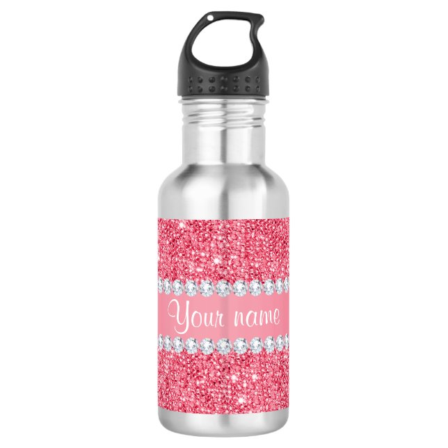 Faux Pink Sequins and Diamonds Stainless Steel Water Bottle (Front)