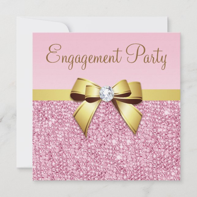 Faux Pink Sequins Gold Bow Engagement Party Invitation (Front)
