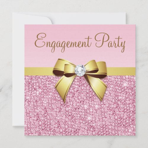 Faux Pink Sequins Gold Bow Engagement Party Invitation