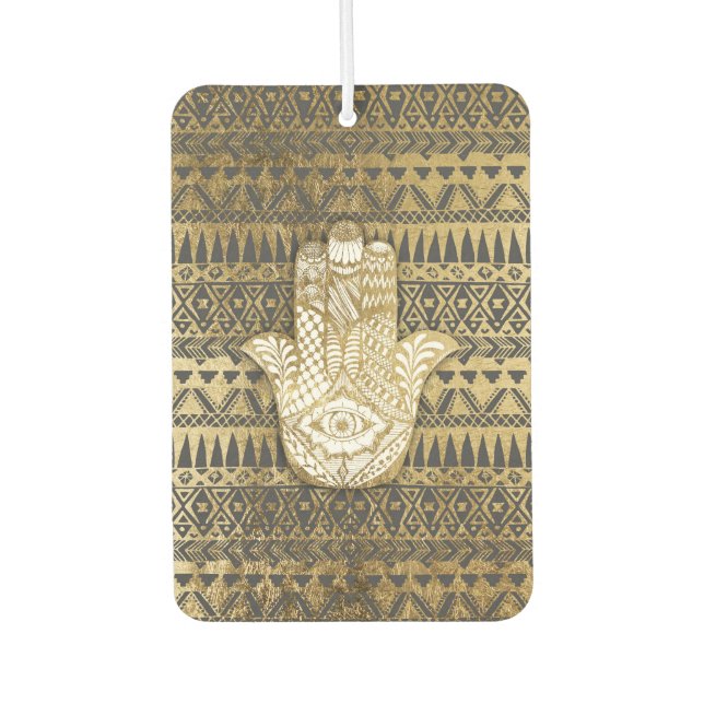 Faux Print Gold Hamsa Hand and Tribal Aztec Car Air Freshener (Front)