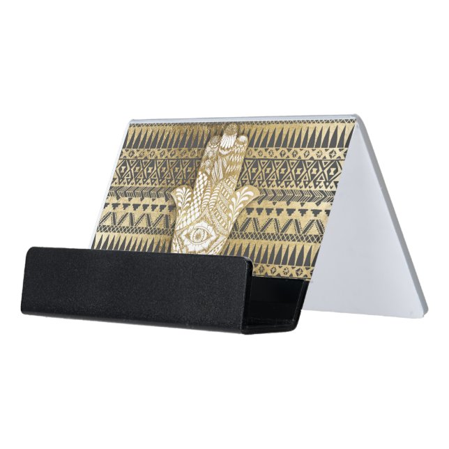 Faux Print Gold Hamsa Hand and Tribal Aztec Desk Business Card Holder (Angled Front)