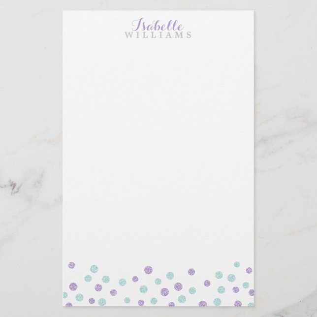 Faux Purple and Mint Glitter Confetti Dots Stationery (Front)