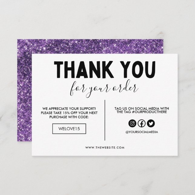 Faux Purple & Black Glitter Thank you Media Insert (Front/Back)