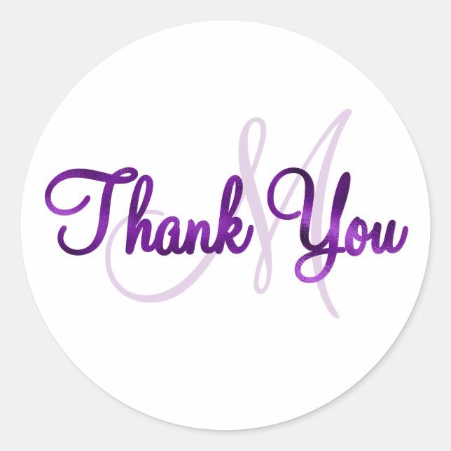Faux Purple Foil Thank You Monogram Classic Round Sticker (Front)