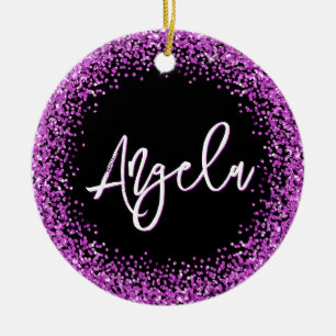 Faux Purple Glitter Black Photo Ceramic Ornament