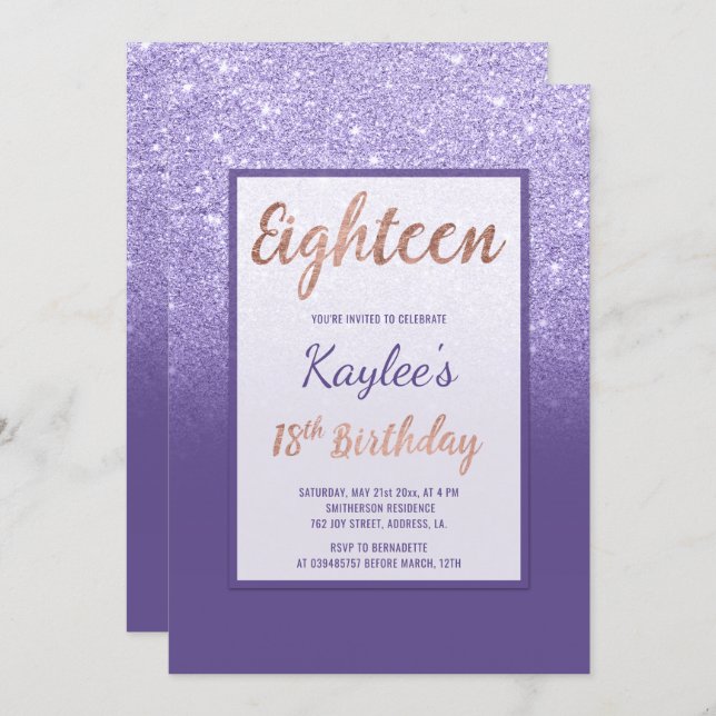 Faux purple glitter elegant chic 18th Birthday Invitation (Front/Back)