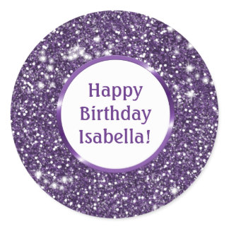 Faux Purple Glitter Look Custom Happy Birthday Classic Round Sticker