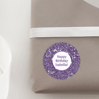 Faux Purple Glitter Look Custom Happy Birthday Classic Round Sticker