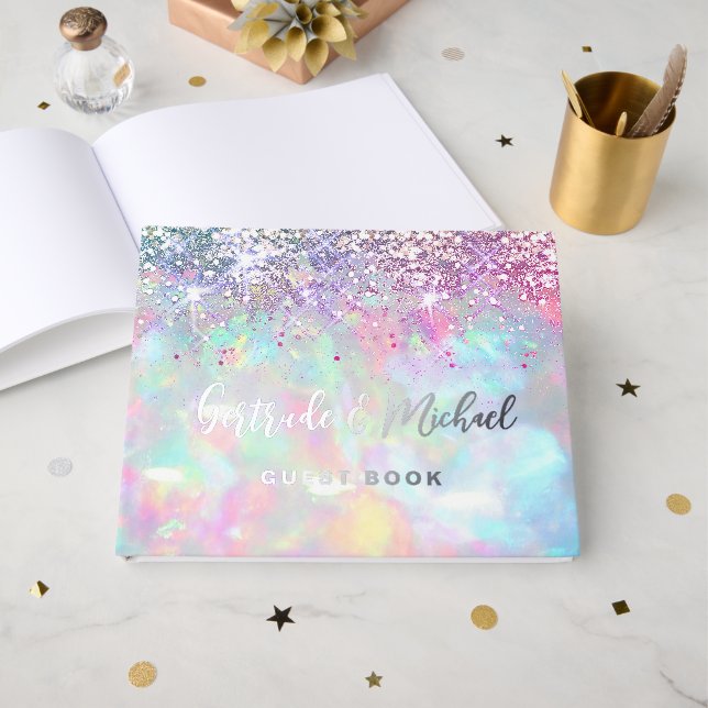 faux purple glitter opal background wedding foil guest book  (Front Open)
