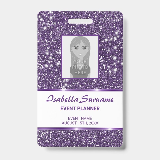 Faux Purple Glitter Texture & Custom Photo & Text Badge (Front)