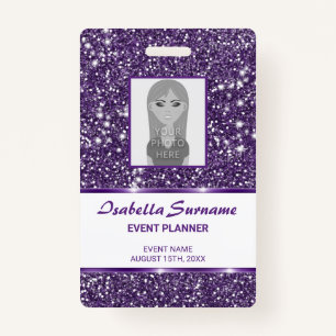 Faux Purple Glitter Texture & Custom Photo & Text Badge