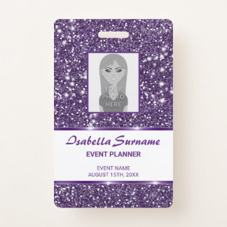 Faux Purple Glitter Texture &amp; Custom Photo &amp; Text Badge