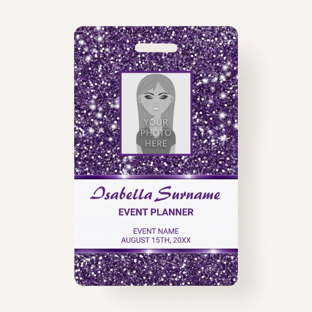 Faux Purple Glitter Texture & Custom Photo & Text Badge (Front)