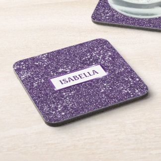 Faux Purple Glitter Texture Effect &amp; Custom Name Beverage Coaster