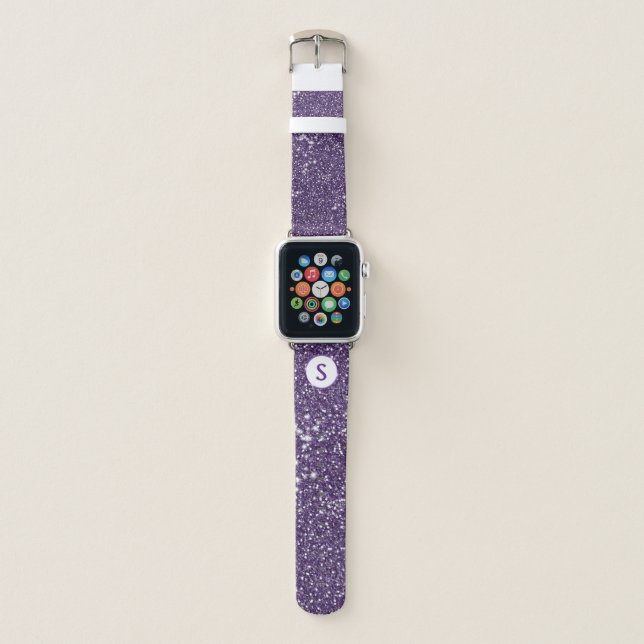 Faux Purple Glitter Texture Look & Custom Monogram Apple Watch Band (Front)