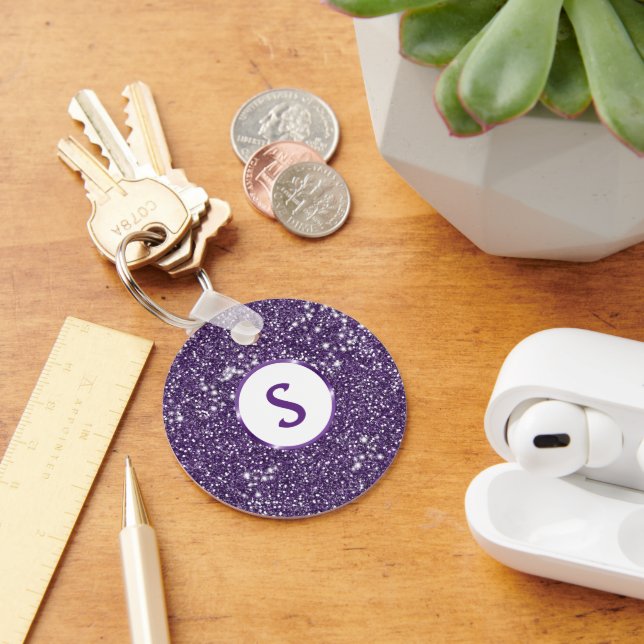 Faux Purple Glitter Texture Look & Custom Monogram Keychain (Desk)