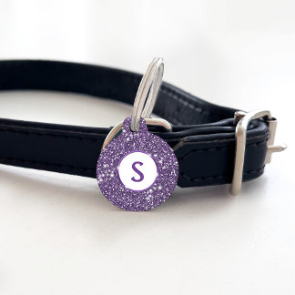 Faux Purple Glitter Texture Look &amp; Custom Monogram Pet ID Tag