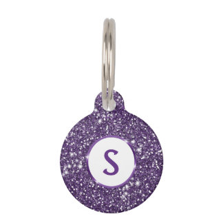 Faux Purple Glitter Texture Look &amp; Custom Monogram Pet ID Tag