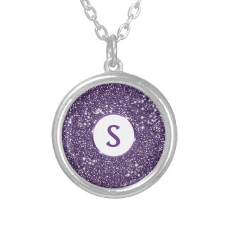 Faux Purple Glitter Texture Look &amp; Custom Monogram Silver Plated Necklace